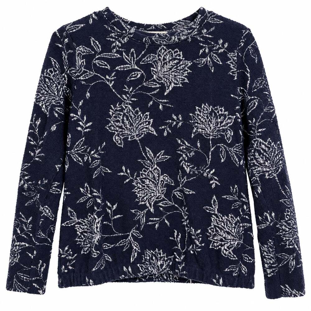 LOFT Womens Small Navy Floral Textured Sweater Long Sleeve Crew Neck Cotton
